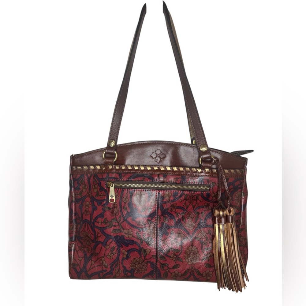 Patricia Nash Leather Oxblood Poppy  Floral Western Zip Tote/ Shoulder Bag